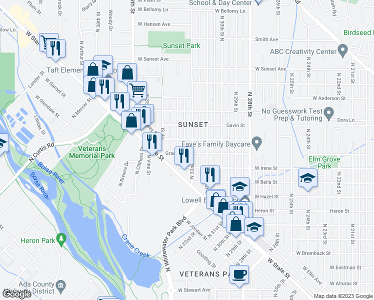 map of restaurants, bars, coffee shops, grocery stores, and more near 3210 Grace Street in Boise