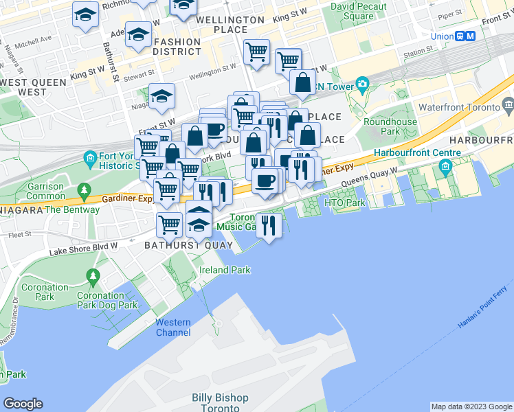 map of restaurants, bars, coffee shops, grocery stores, and more near 474 Queens Quay West in Toronto