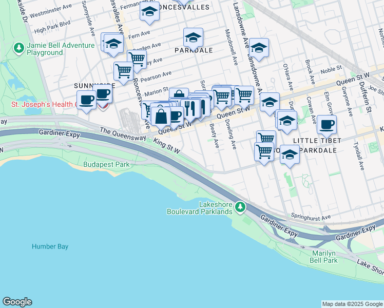map of restaurants, bars, coffee shops, grocery stores, and more near 1540 King Street West in Toronto