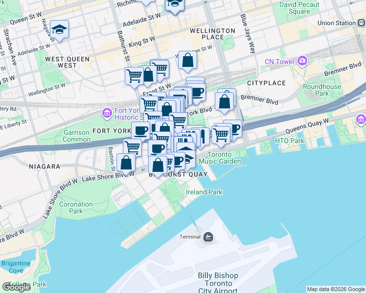 map of restaurants, bars, coffee shops, grocery stores, and more near 38 Dan Leckie Way in Toronto