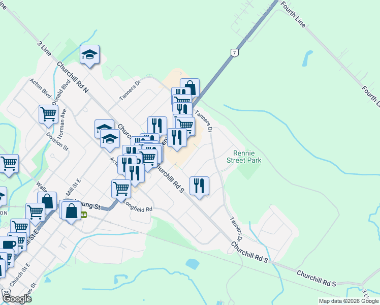 map of restaurants, bars, coffee shops, grocery stores, and more near 30 Beardmore Crescent in Halton Hills