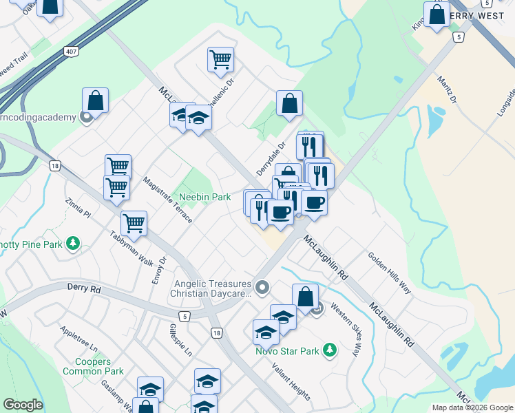 map of restaurants, bars, coffee shops, grocery stores, and more near 542 Garden Walk in Mississauga