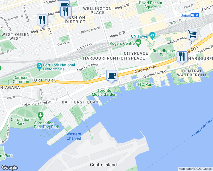 map of restaurants, bars, coffee shops, grocery stores, and more near 474 Queens Quay West in Toronto