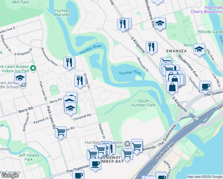 map of restaurants, bars, coffee shops, grocery stores, and more near 14 Stonegate Road in Toronto