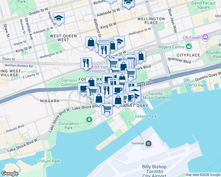 map of restaurants, bars, coffee shops, grocery stores, and more near in Toronto