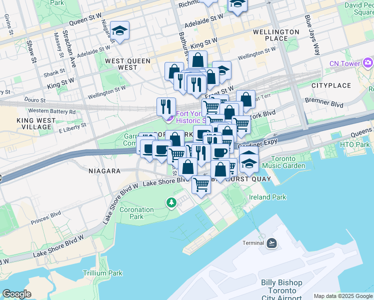 map of restaurants, bars, coffee shops, grocery stores, and more near 50 Bruyeres Mews in Toronto