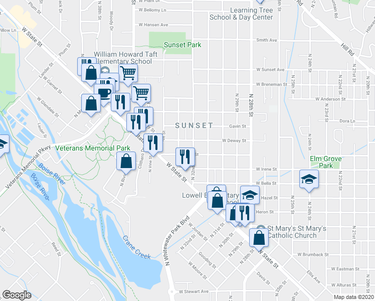 map of restaurants, bars, coffee shops, grocery stores, and more near 3227 West Dewey Street in Boise