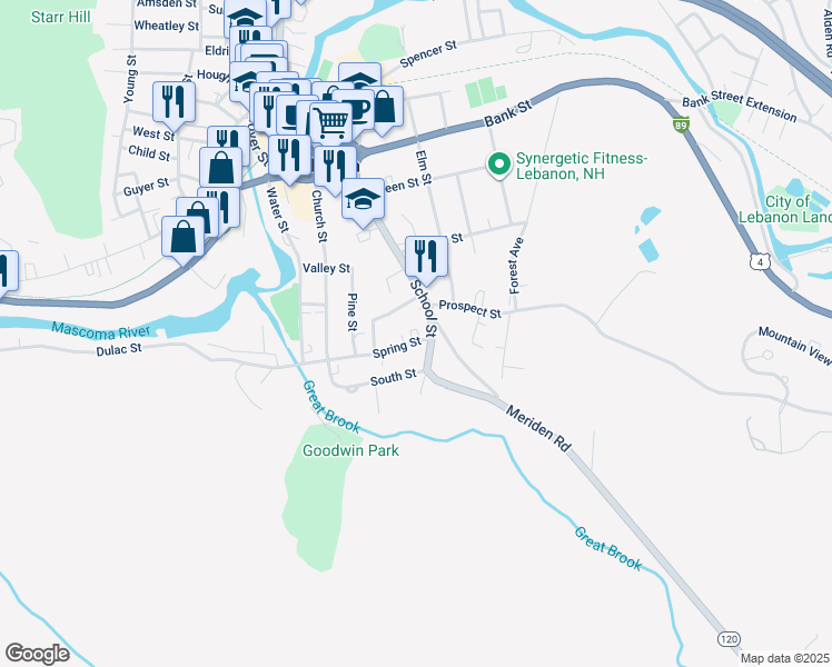 map of restaurants, bars, coffee shops, grocery stores, and more near 10 Abbott Street in Lebanon