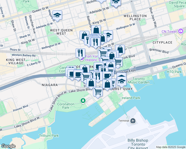 map of restaurants, bars, coffee shops, grocery stores, and more near in Toronto