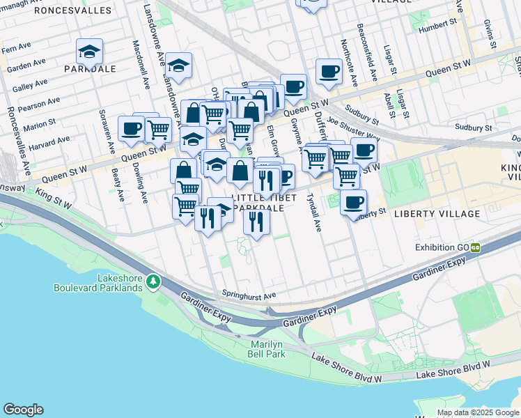 map of restaurants, bars, coffee shops, grocery stores, and more near in Toronto