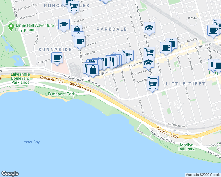 map of restaurants, bars, coffee shops, grocery stores, and more near in Toronto
