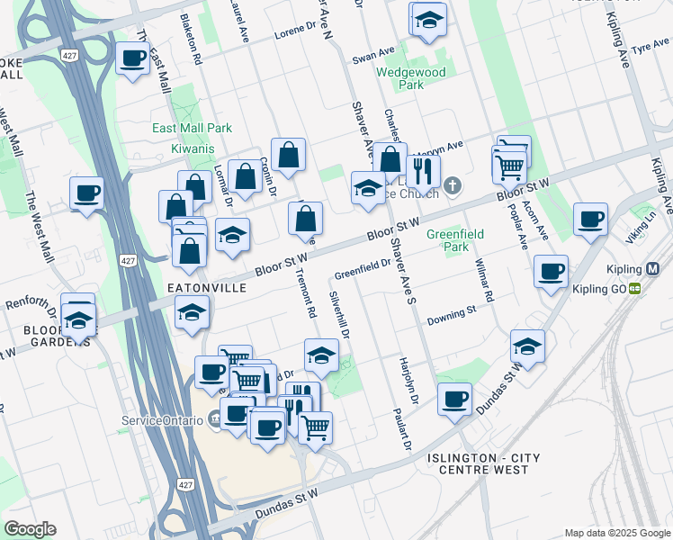 map of restaurants, bars, coffee shops, grocery stores, and more near in Toronto