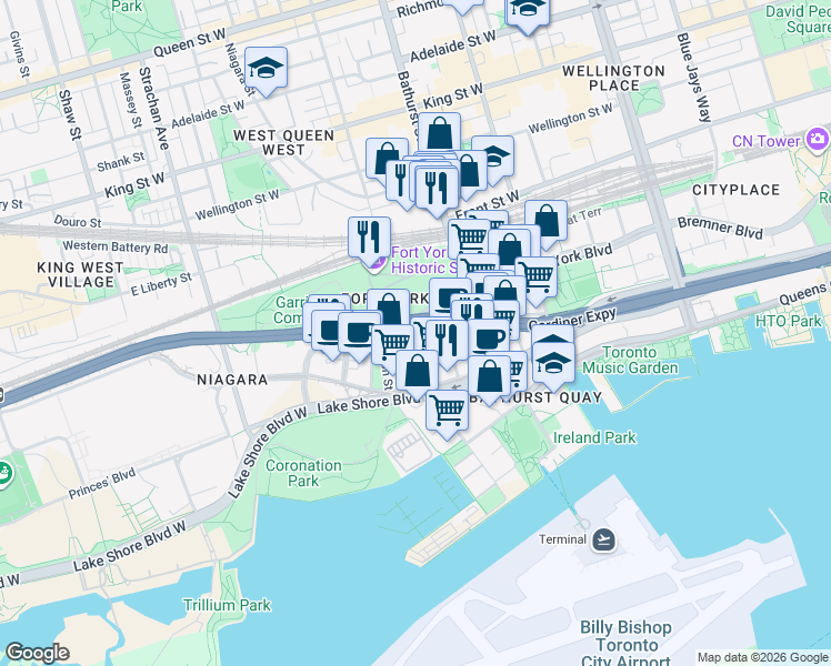 map of restaurants, bars, coffee shops, grocery stores, and more near 50 Bruyeres Mews in Toronto