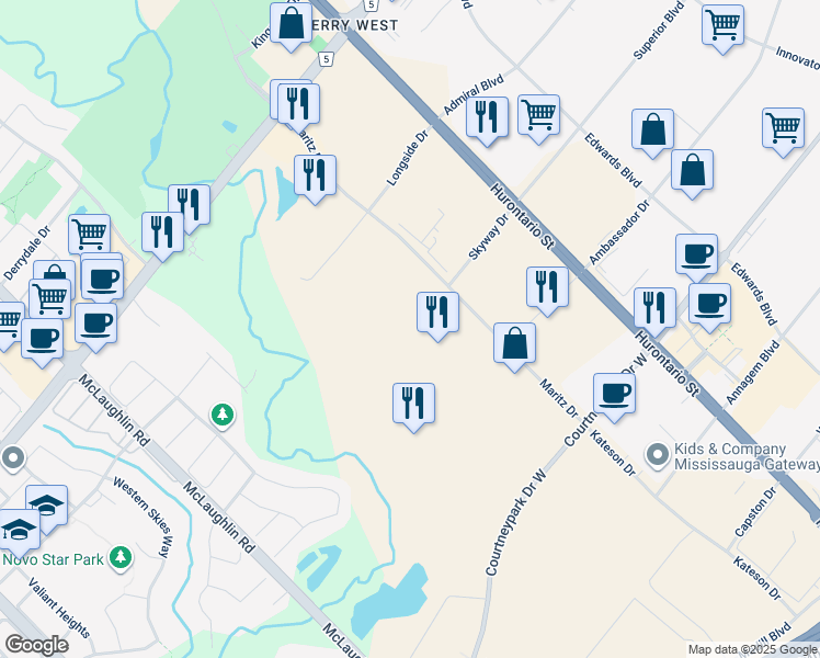 map of restaurants, bars, coffee shops, grocery stores, and more near 6800 Maritz Drive in Mississauga