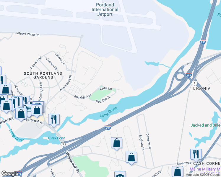 map of restaurants, bars, coffee shops, grocery stores, and more near Lydia Lane in South Portland