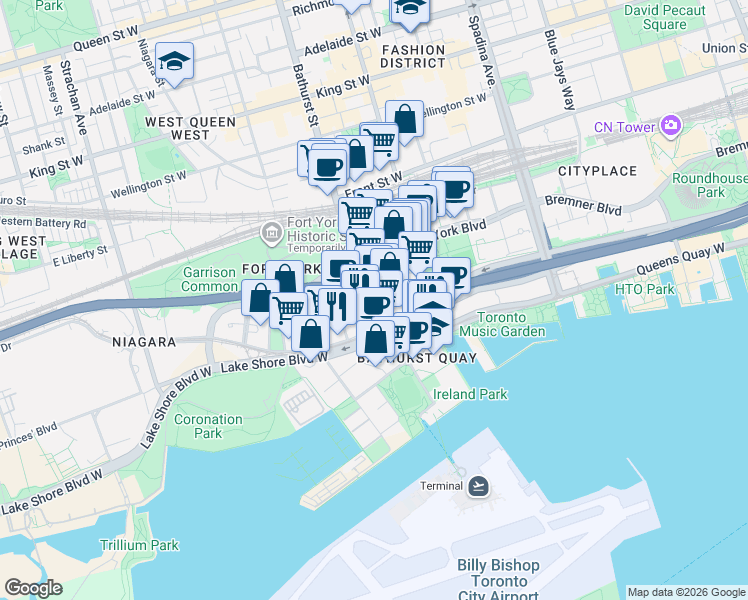 map of restaurants, bars, coffee shops, grocery stores, and more near 19 Bathurst Street in Toronto