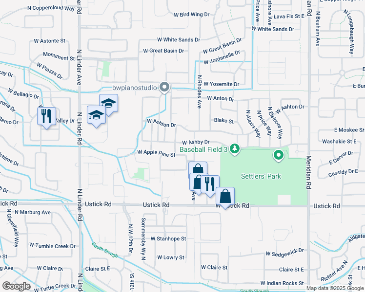 map of restaurants, bars, coffee shops, grocery stores, and more near 899 West Ashby Drive in Meridian