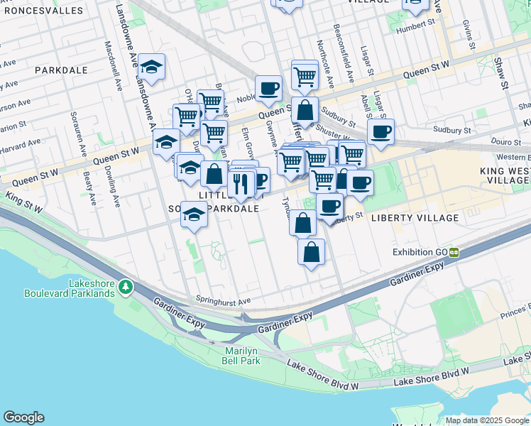 map of restaurants, bars, coffee shops, grocery stores, and more near 91 Spencer Avenue in Toronto