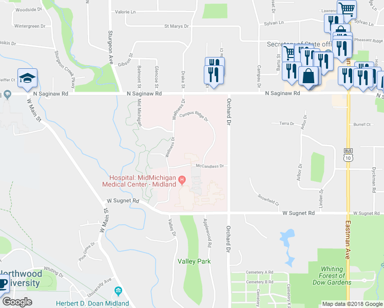 map of restaurants, bars, coffee shops, grocery stores, and more near 4401 North Campus Ridge Drive in Midland