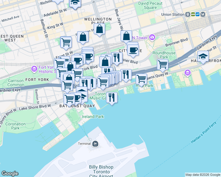 map of restaurants, bars, coffee shops, grocery stores, and more near 460 Queens Quay West in Toronto