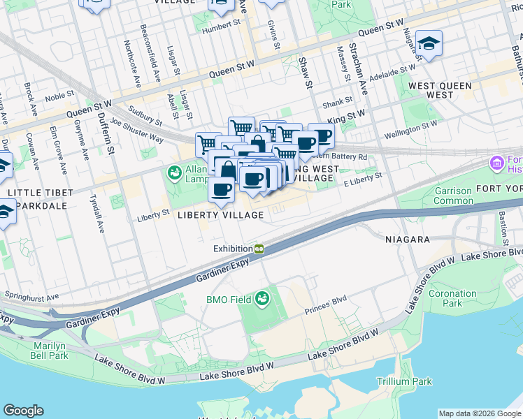 map of restaurants, bars, coffee shops, grocery stores, and more near 5 Hanna Avenue in Toronto