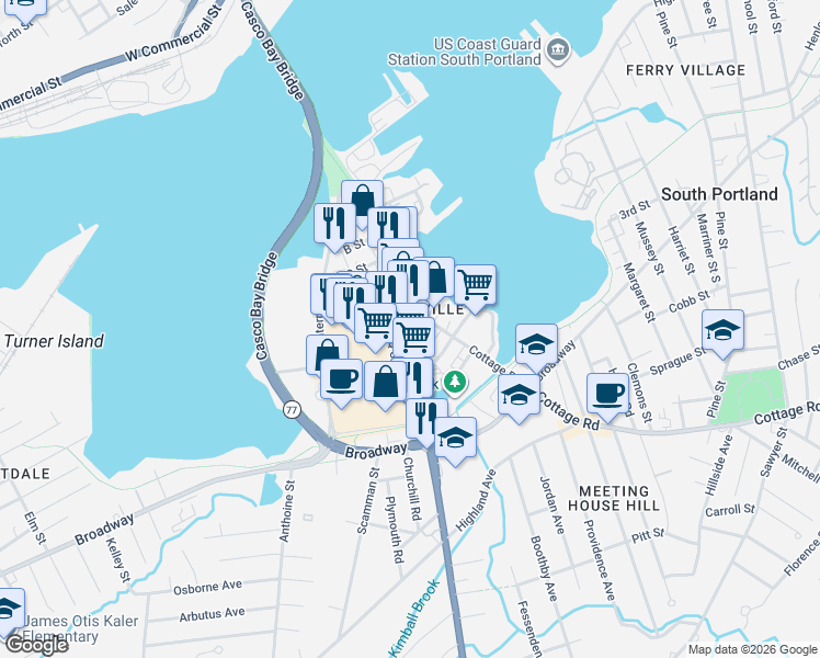 map of restaurants, bars, coffee shops, grocery stores, and more near in South Portland