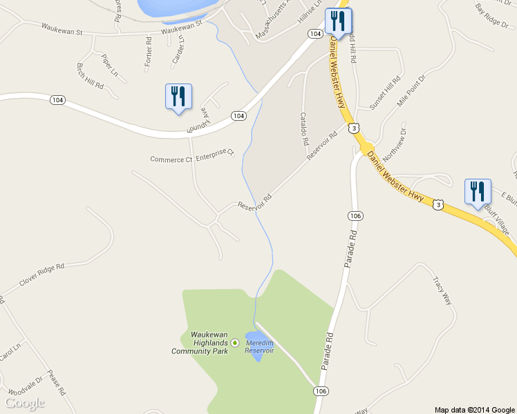 map of restaurants, bars, coffee shops, grocery stores, and more near 37 Reservoir Rd in Meredith