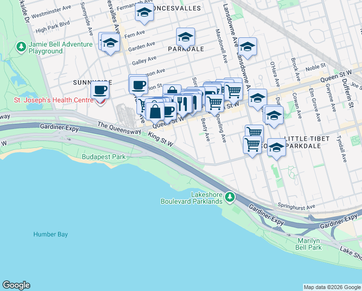 map of restaurants, bars, coffee shops, grocery stores, and more near 1546 King Street West in Toronto