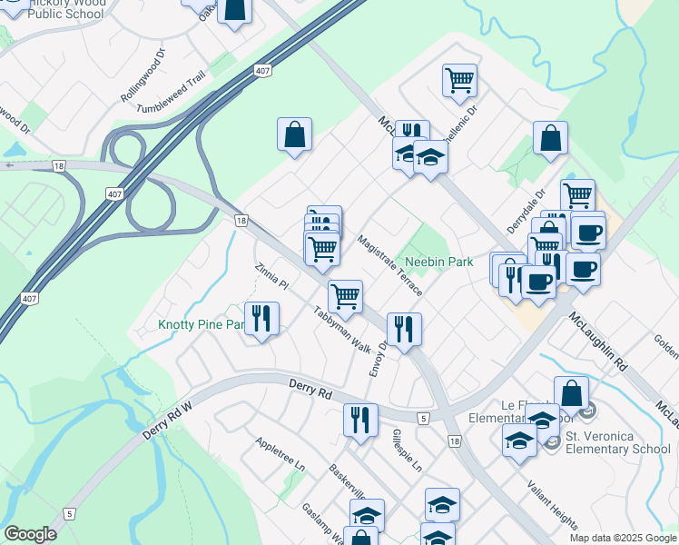 map of restaurants, bars, coffee shops, grocery stores, and more near 738 Twain Avenue in Mississauga