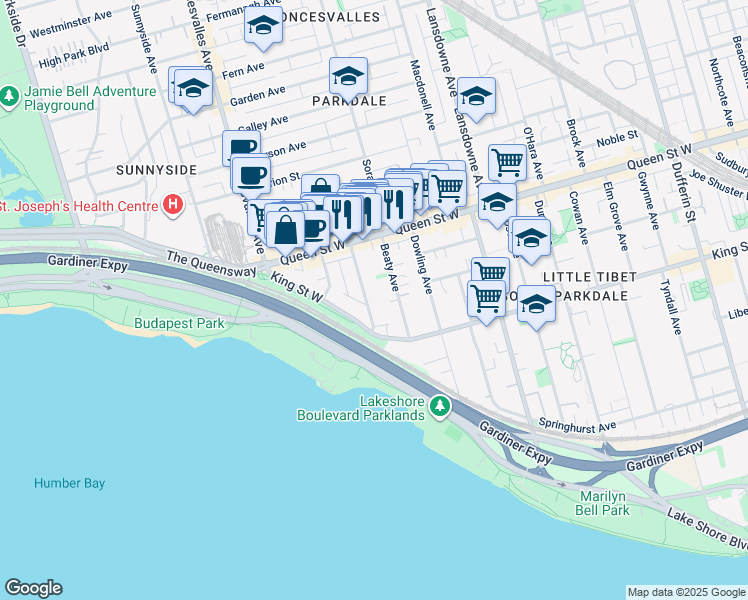 map of restaurants, bars, coffee shops, grocery stores, and more near 25 Wilson Park Road in Toronto