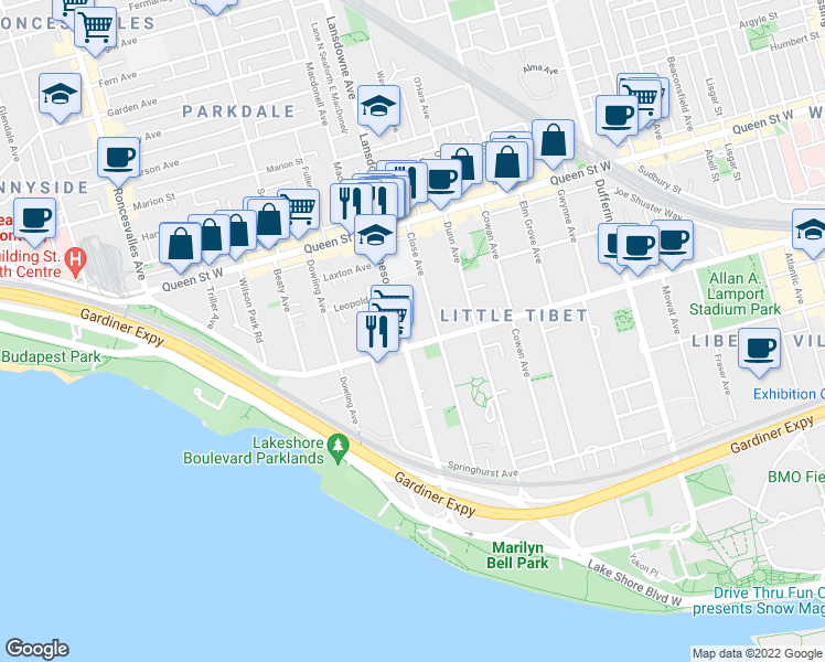 map of restaurants, bars, coffee shops, grocery stores, and more near 157 Jameson Avenue in Toronto