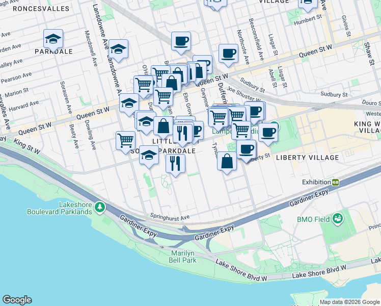 map of restaurants, bars, coffee shops, grocery stores, and more near 1307 King Street West in Toronto