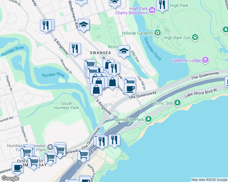 map of restaurants, bars, coffee shops, grocery stores, and more near 24 Southport Street in Toronto