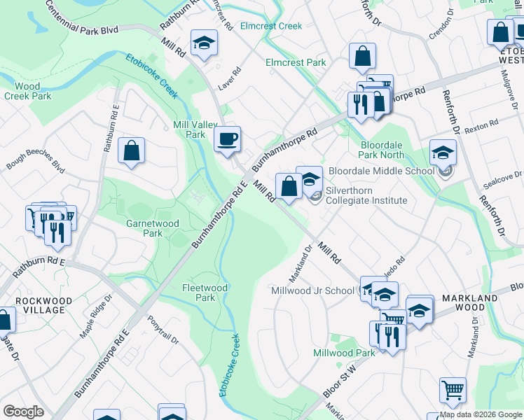 map of restaurants, bars, coffee shops, grocery stores, and more near 296 Mill Road in Toronto