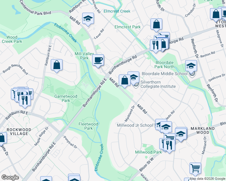 map of restaurants, bars, coffee shops, grocery stores, and more near in Toronto