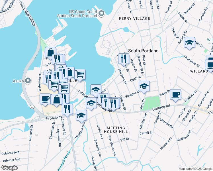 map of restaurants, bars, coffee shops, grocery stores, and more near 383 Broadway in South Portland