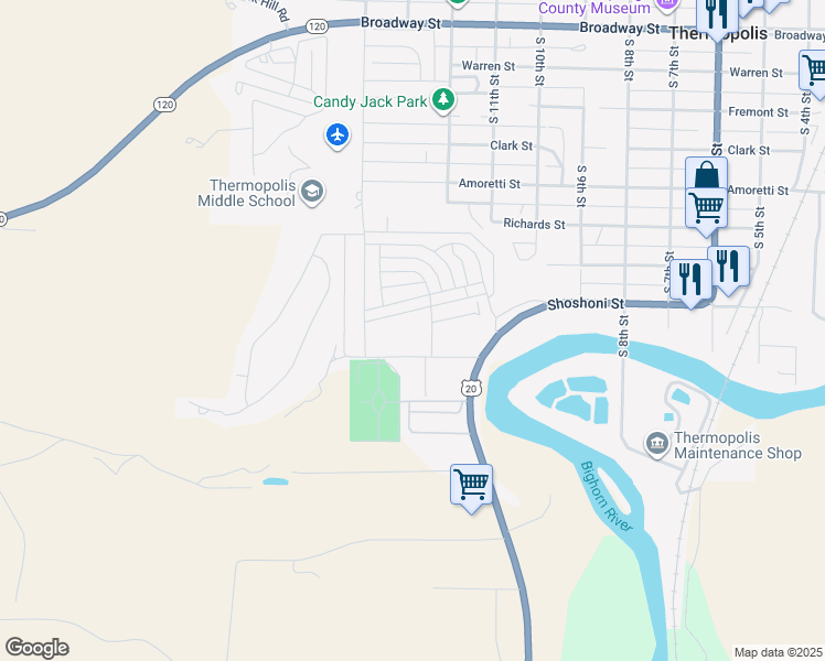 map of restaurants, bars, coffee shops, grocery stores, and more near Judy Lee Dr in Thermopolis