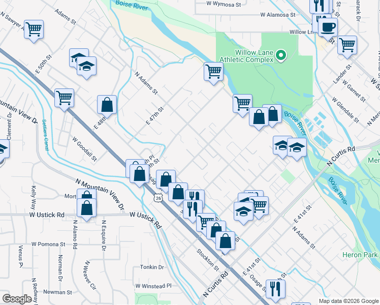 map of restaurants, bars, coffee shops, grocery stores, and more near 213 East 46th Street in Boise