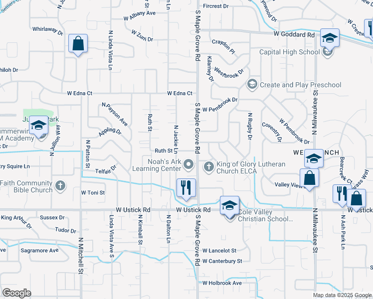 map of restaurants, bars, coffee shops, grocery stores, and more near 9050 Ruth Street in Boise