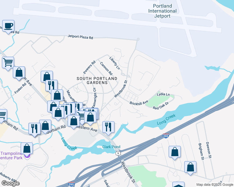 map of restaurants, bars, coffee shops, grocery stores, and more near 618 Westbrook Street in South Portland