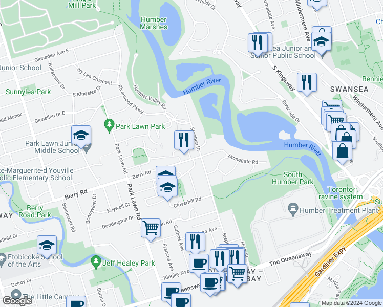 map of restaurants, bars, coffee shops, grocery stores, and more near in Toronto