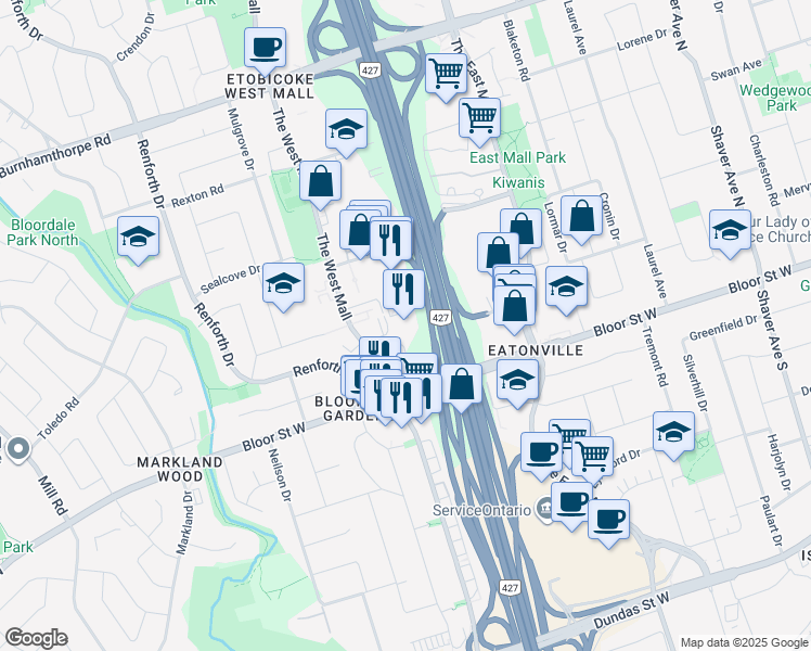 map of restaurants, bars, coffee shops, grocery stores, and more near 19 Eva Road in Toronto