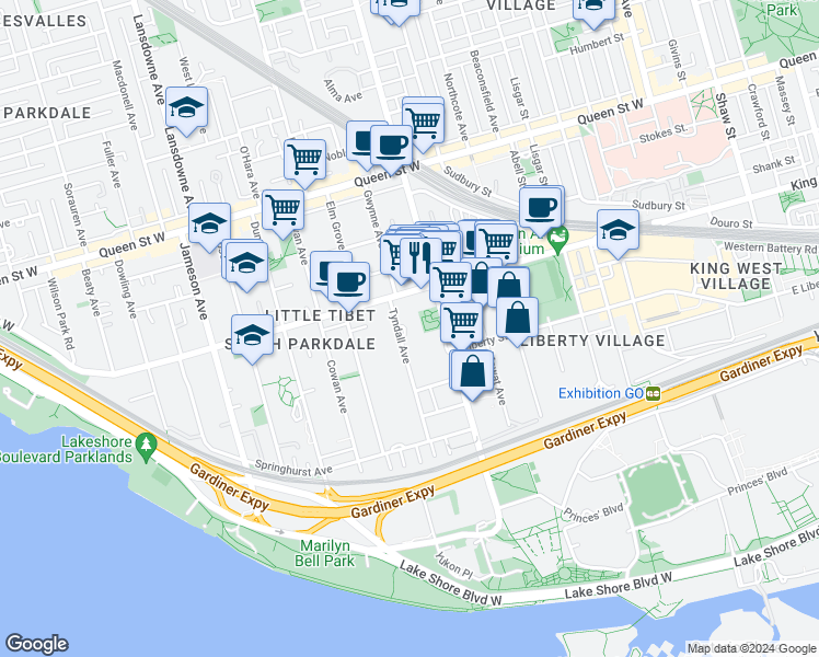 map of restaurants, bars, coffee shops, grocery stores, and more near 135 Tyndall Avenue in Toronto