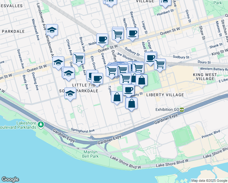 map of restaurants, bars, coffee shops, grocery stores, and more near 135 Tyndall Avenue in Toronto