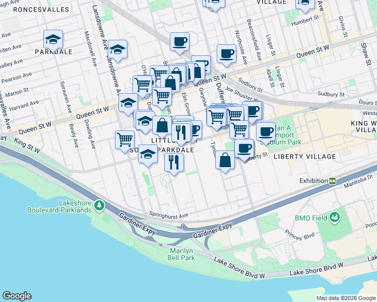 map of restaurants, bars, coffee shops, grocery stores, and more near 120 Spencer Avenue in Toronto