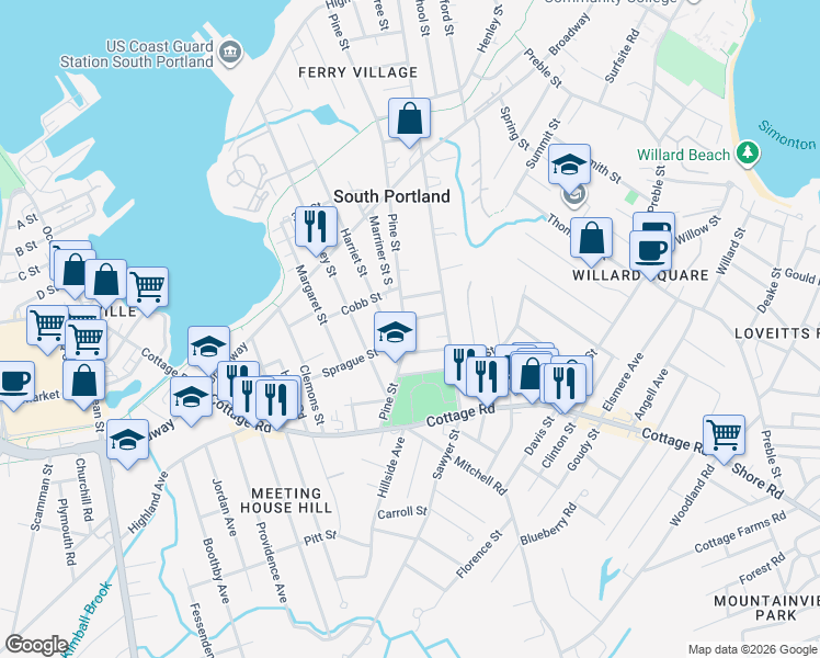 map of restaurants, bars, coffee shops, grocery stores, and more near 303 Pine Street in South Portland