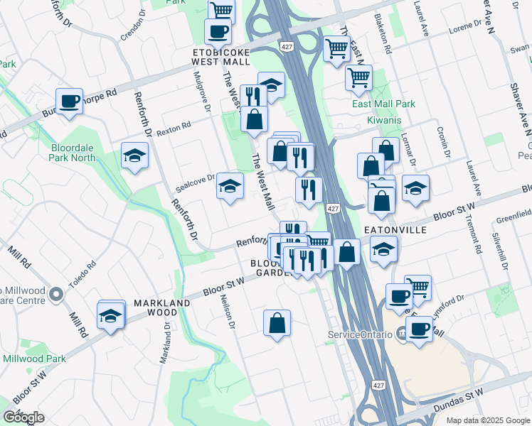 map of restaurants, bars, coffee shops, grocery stores, and more near 336 The West Mall in Toronto