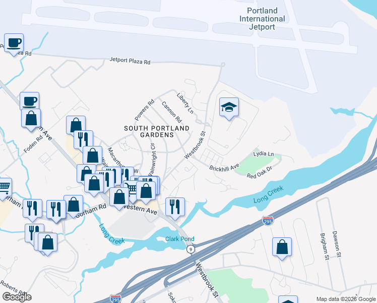 map of restaurants, bars, coffee shops, grocery stores, and more near 600 Westbrook Street in South Portland