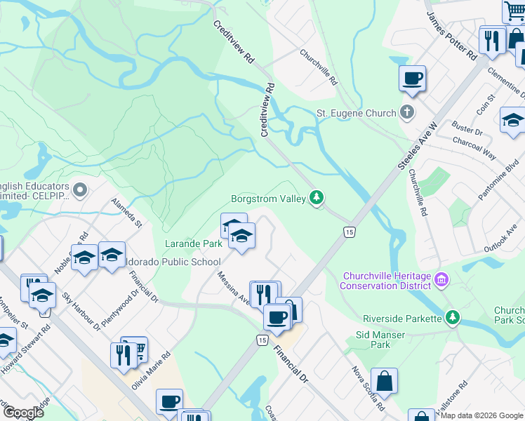 map of restaurants, bars, coffee shops, grocery stores, and more near 41 Olivia Marie Road in Brampton