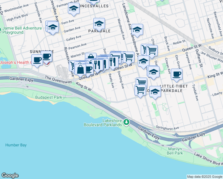map of restaurants, bars, coffee shops, grocery stores, and more near 40 Beaty Avenue in Toronto